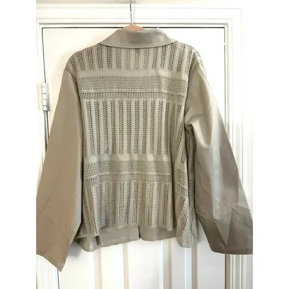 MING WANG Plus Size Tailored Moto Jacket Zip-Front Mixed-Media Mesh Limestone 2X - Picture 4 of 5